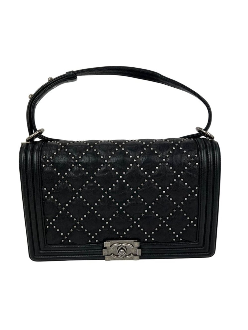Chanel Crumpled Lambskin New Medium Studded Black Boy Flap Bag